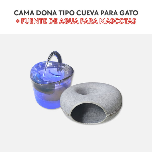 Cama dona tipo cueva para gatos + fuente de agua para mascotas
